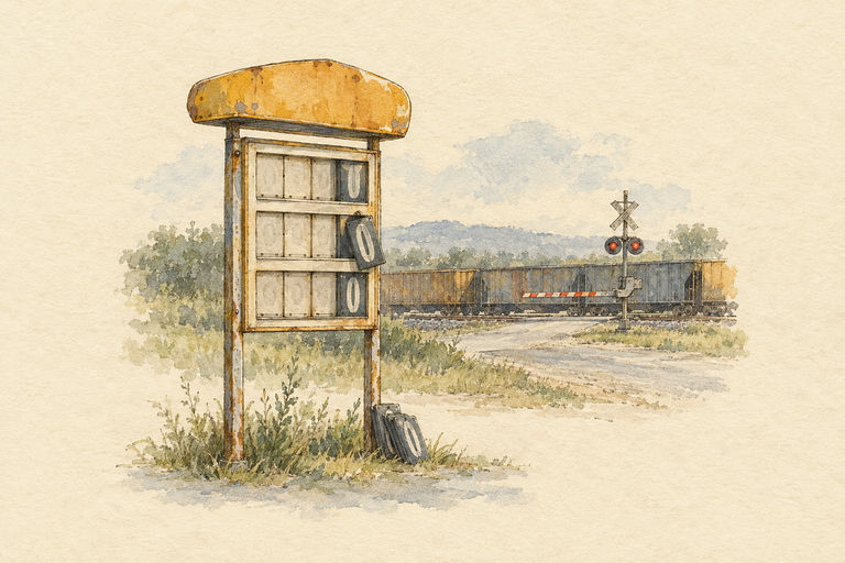A vintage gas station price sign with numbers being swapped out as a backdrop to a distant railroad crossing where a freight train waits for a signal.
