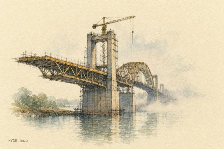 A sturdy bridge under construction across a wide river, with its far side shrouded in early morning mist