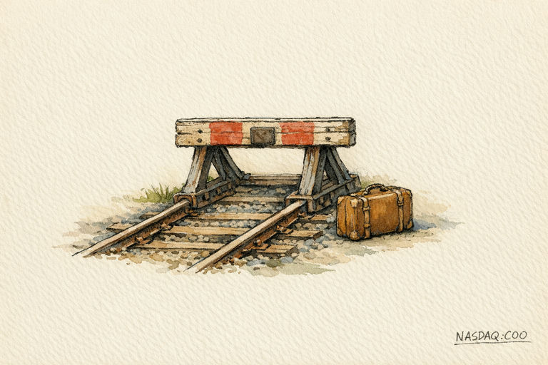 A pair of joined railway tracks ending at a sturdy buffer stop, with a single suitcase sitting beside the barrier