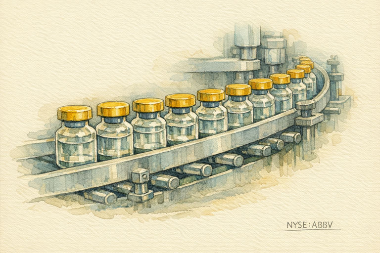 Rows of sealed glass medicine vials moving along a pharmaceutical production line.