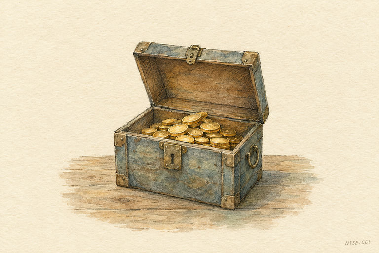 A sturdy lockbox with its lid newly open, revealing a modest but growing pile of gold coins inside, set on a plain wooden table.