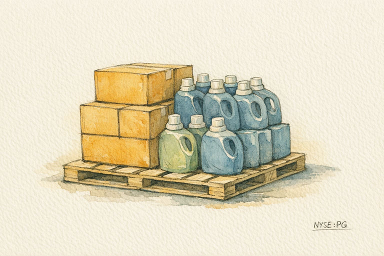 Stacked cartons and plastic bottles of laundry detergent on a warehouse pallet.