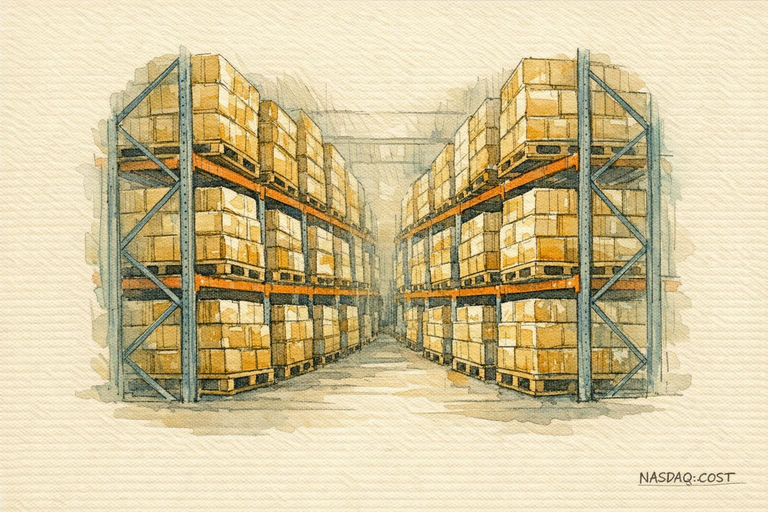Pallets of boxed goods stacked high on steel racking in a wide warehouse aisle.