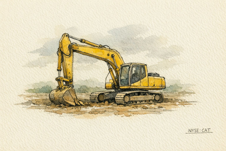 A yellow hydraulic excavator parked on bare earth at a construction site under an overcast sky.