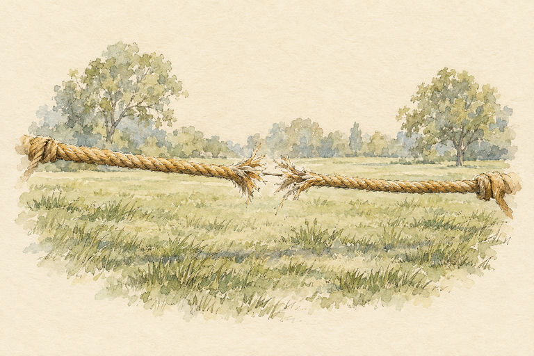 A game of tug-of-war in a grassy park where one side surges forward while the rope frays in the middle