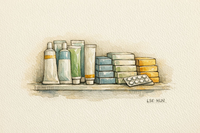 Tubes of toothpaste and boxes of tablets arranged on a pharmacy shelf.