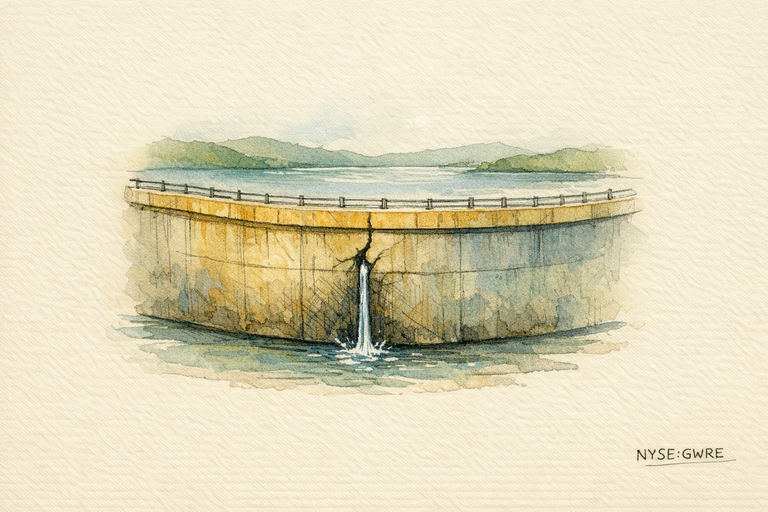 A sturdy dam holding back a calm reservoir, while a single small crack releases a narrow, steady trickle of water