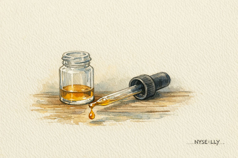 A glass medicine dropper resting beside a small open vial on a wooden laboratory bench, with a single amber droplet suspended mid-fall