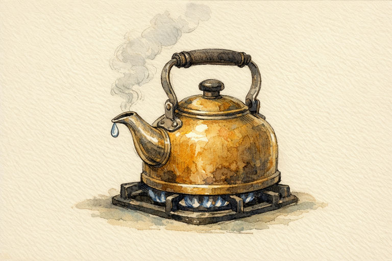 A kettle simmering steadily on a stove while a single droplet of water trembles on the spout