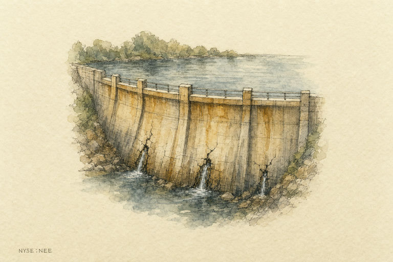A sturdy dam holding back a rising reservoir, while water seeps through new cracks at its base