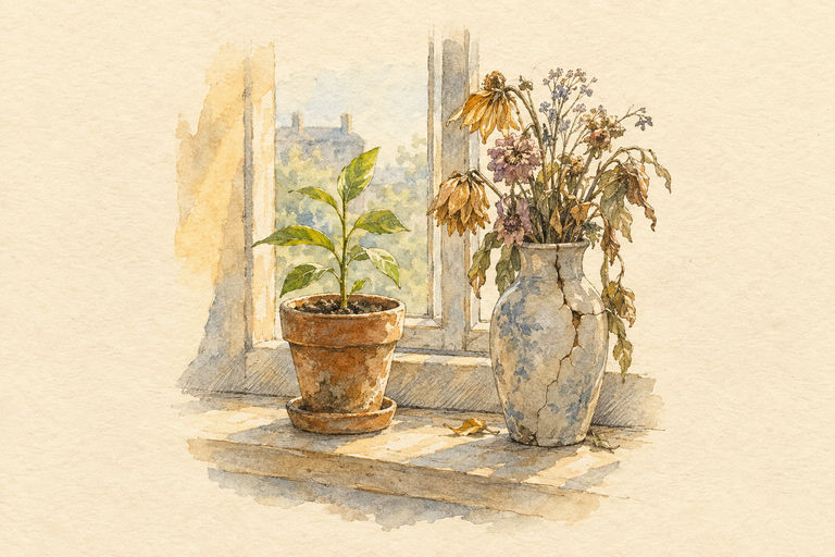 A sprouting potted plant on a sunny windowsill beside a wilting bouquet in a cracked vase