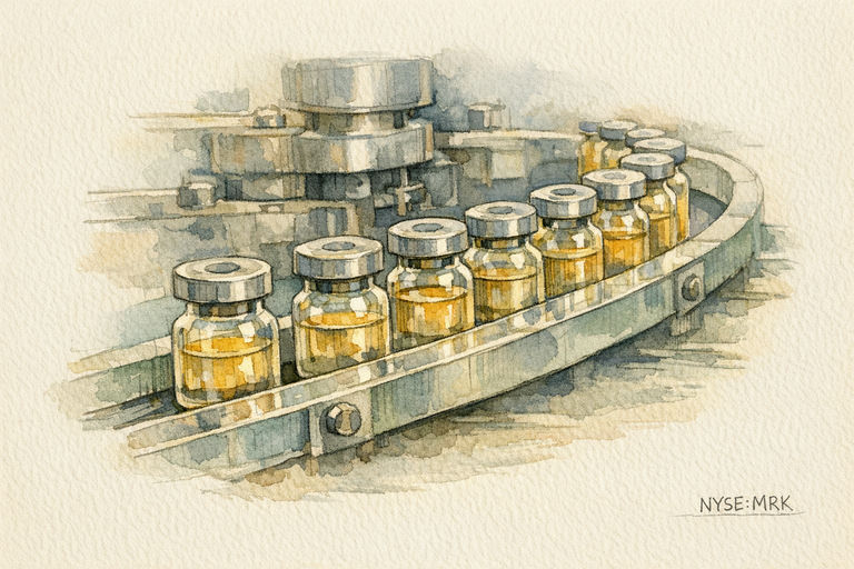Rows of glass medicine vials moving along a pharmaceutical production line.