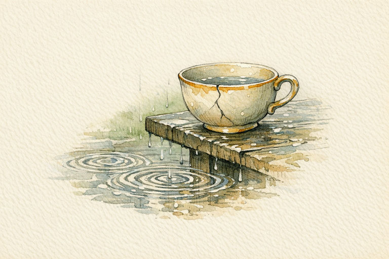 A cracked teacup perched on the edge of a rain-soaked garden table, with ripples spreading in the puddles below