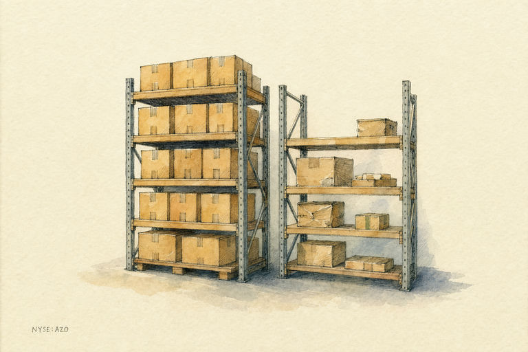 A pair of sturdy warehouse shelves, one packed with new unopened boxes and the other with a few scattered older packages, standing in a freshly expanded storeroom lit by morning light