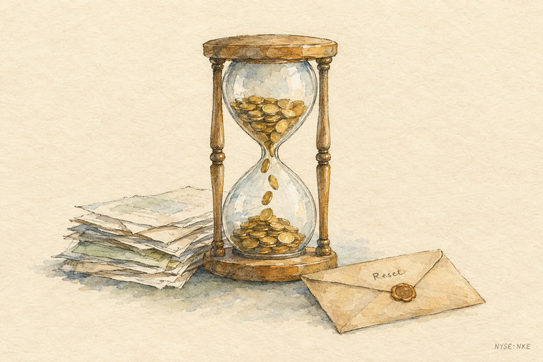 A sturdy hourglass with coins trickling steadily from the top bulb to the bottom, resting on a table beside a stack of unsorted papers and a sealed envelope labeled "Reset".