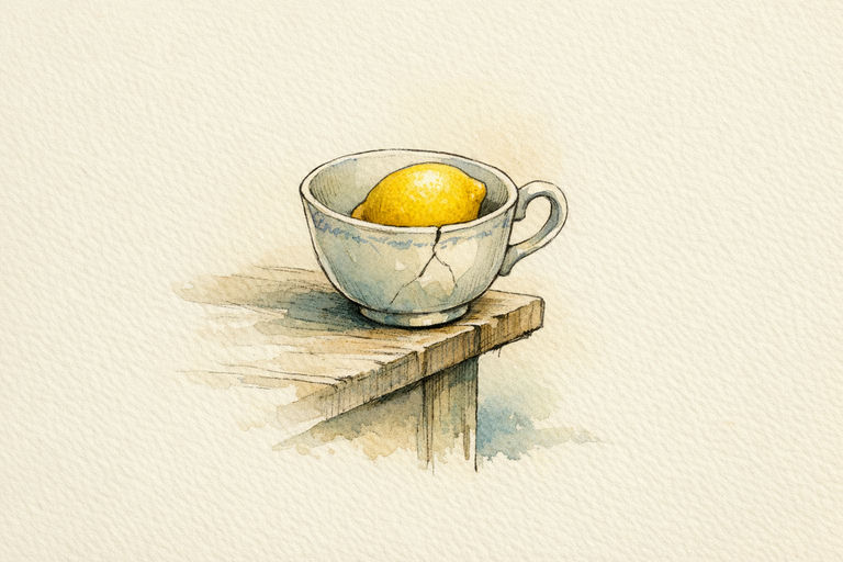 A cracked porcelain teacup wobbling on the edge of a kitchen table, with a single bright lemon balancing inside