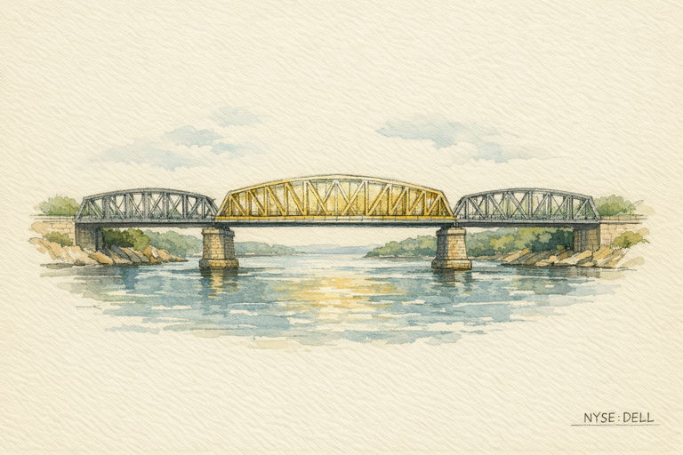 A wide steel bridge spanning a deep river, its new central section gleaming while sturdy supports anchor both banks