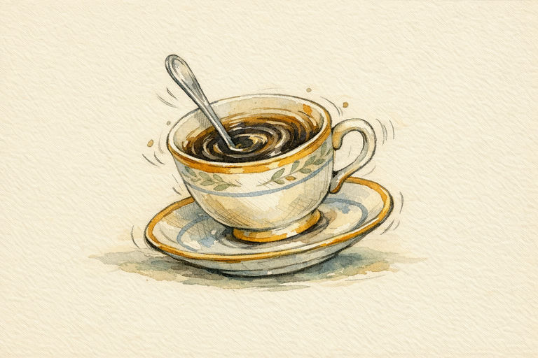 A porcelain teacup wobbling on a saucer as a spoon stirs a swirl of dark liquid