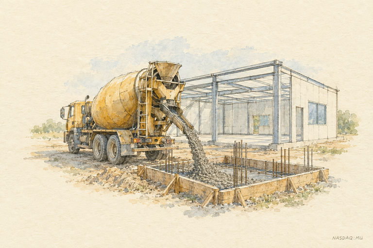 A concrete mixer steadily pouring fresh cement into the foundation of a half-built cleanroom in a sunlit construction site