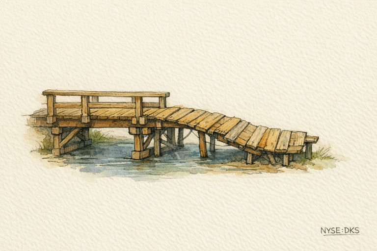 A sturdy wooden bridge with a new extension built from mismatched planks, the extension sagging noticeably while the original section remains solid.