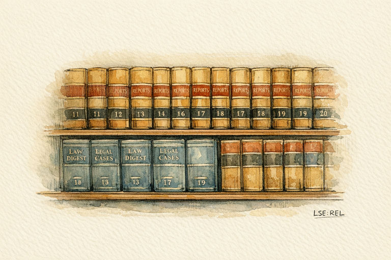 Rows of bound legal reference volumes lining the wooden shelves of a law library.