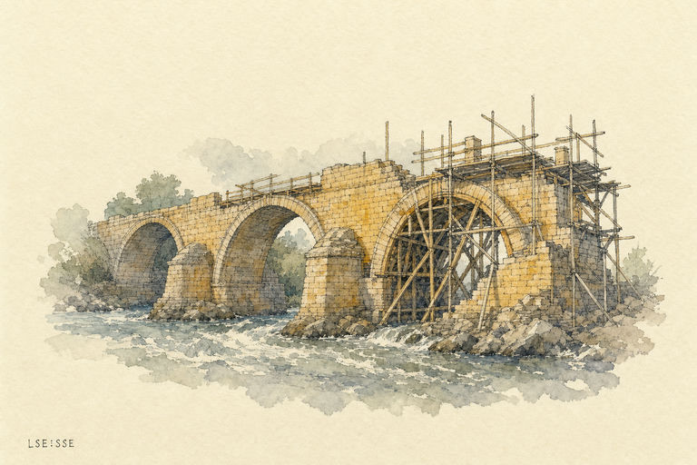 A sturdy stone bridge under construction across a fast-flowing river, with new arches rising beside older finished spans and scaffolding supporting the unfinished sections