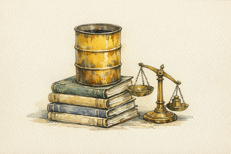 A half-full oil drum balanced atop a stack of thick payroll ledgers, with a vintage brass scale tilting uncertainly beside them
