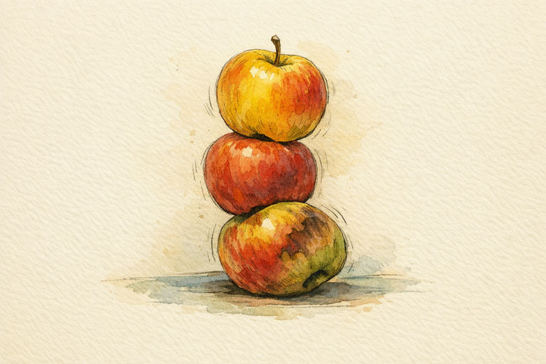 A stack of three apples on a kitchen table, with the top apple bright and rising while the bottom apple is bruised and slightly rolling away