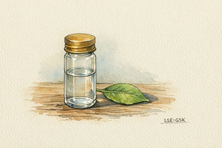 A glass laboratory vial filled with clear liquid resting on a wooden surface beside a single green leaf