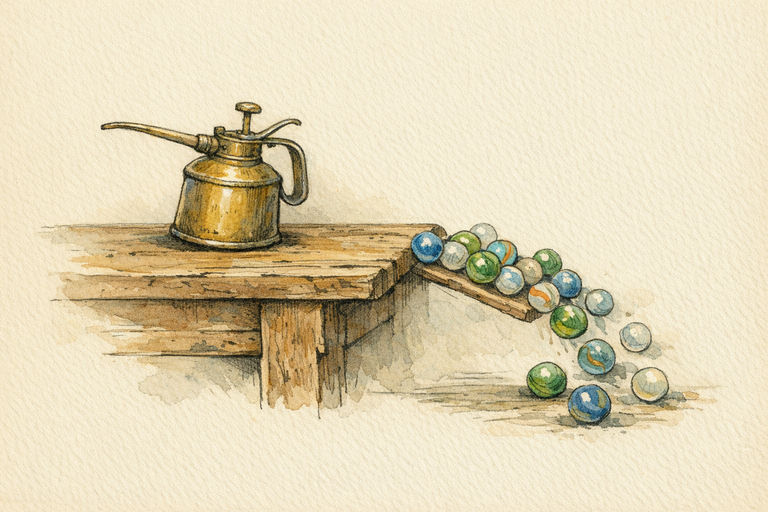 A metal oil can teetering on the edge of a worn wooden table as marbles tumble from the other end
