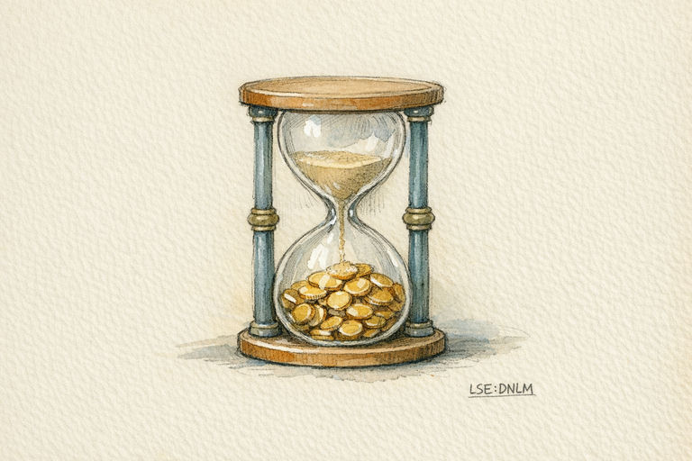 A sturdy hourglass with bright coins accumulating in the base while fine sand trickles slowly through the narrow neck