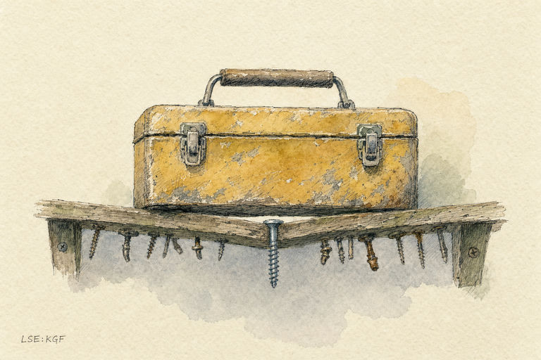 A sturdy toolbox balanced on a sagging wooden shelf, with one strong new screw supporting a row of worn-out fasteners underneath.