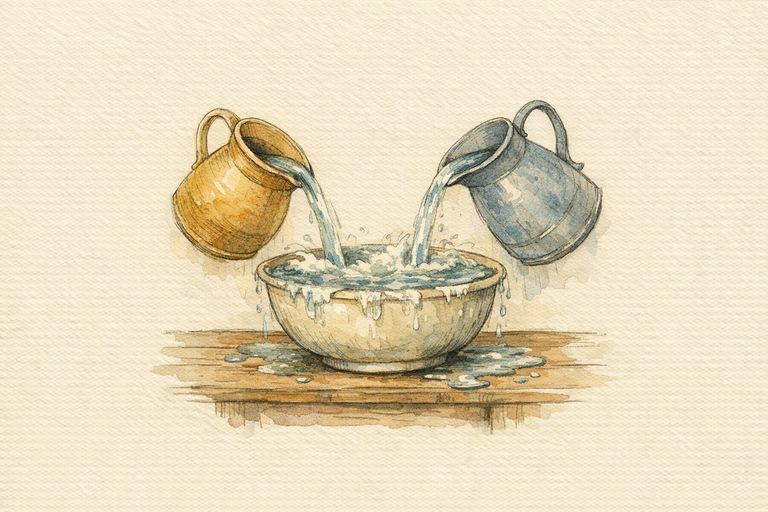 A pair of overflowing pitchers pouring water into a single, already brimming bowl on a wooden table