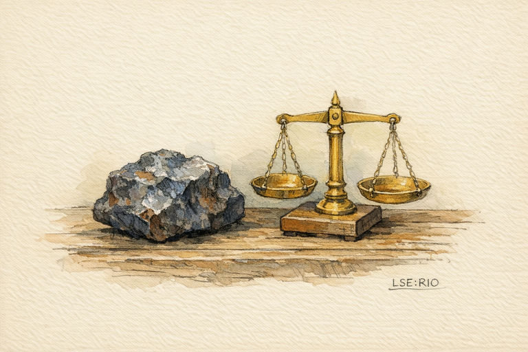 A rough chunk of iron ore resting on a wooden workbench beside a small set of brass weighing scales
