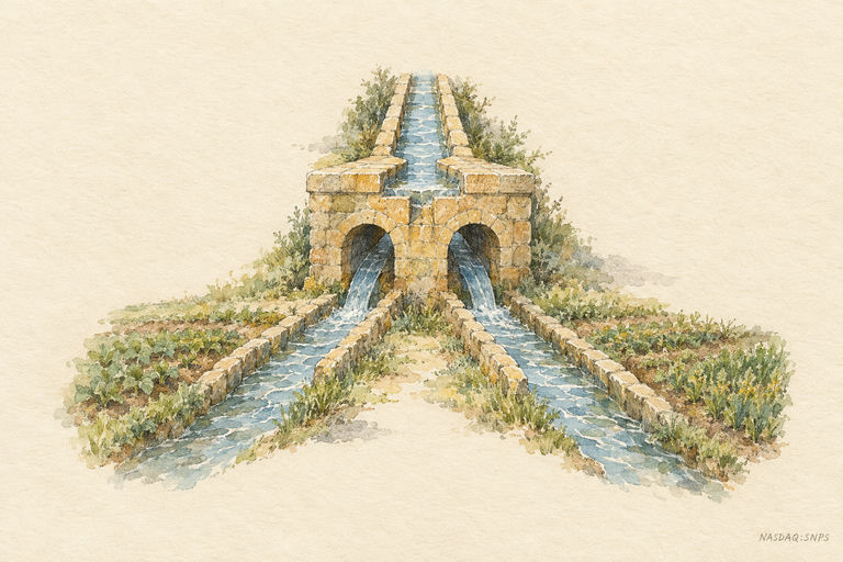 A sturdy stone aqueduct branching into two new channels, with clear water beginning to flow down each path into fertile fields
