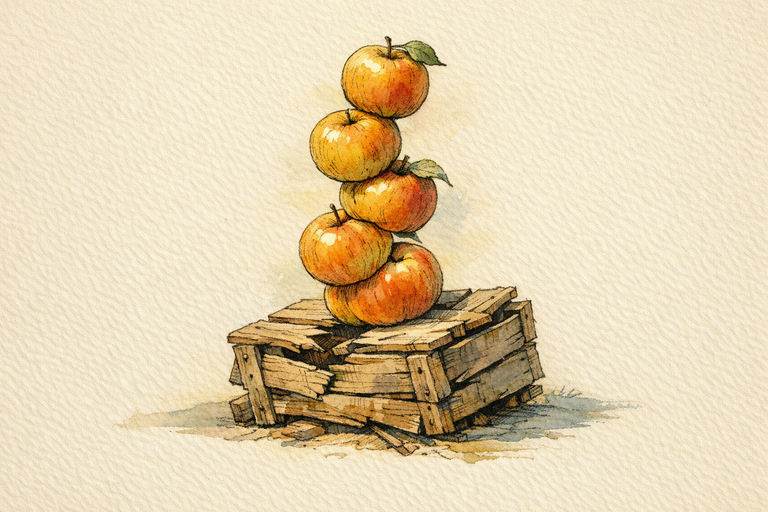 A sunlit stack of ripe apples teetering atop a cracked, shifting wooden crate