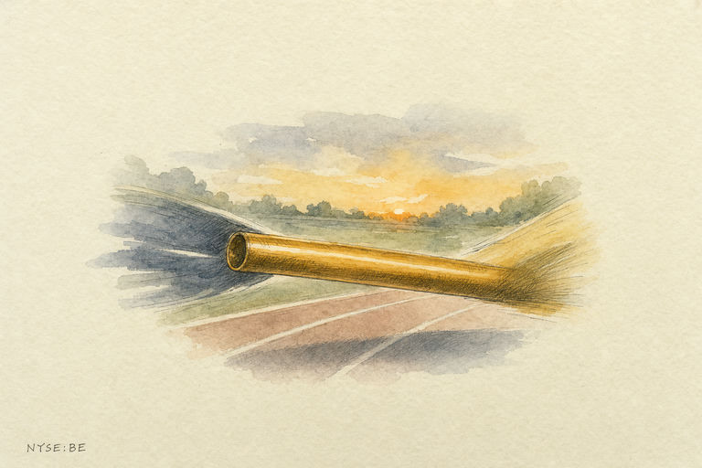 A relay baton being passed between two runners at dusk, with the outgoing runner slowing as the incoming runner speeds up