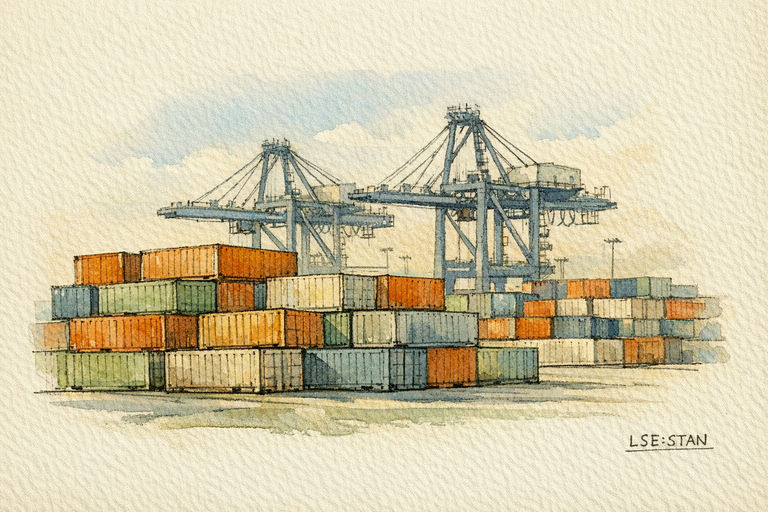 Rows of stacked shipping containers waiting beside gantry cranes at a busy port terminal.