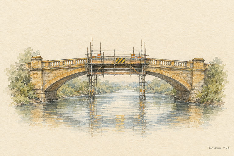A sturdy bridge under repair, its main span intact but with scaffolding and caution signs at the center crossing over a calm river