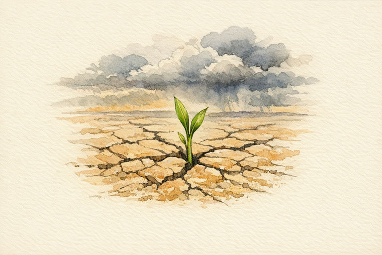 A single green shoot pushing through cracked, dry soil while storm clouds gather in the distance