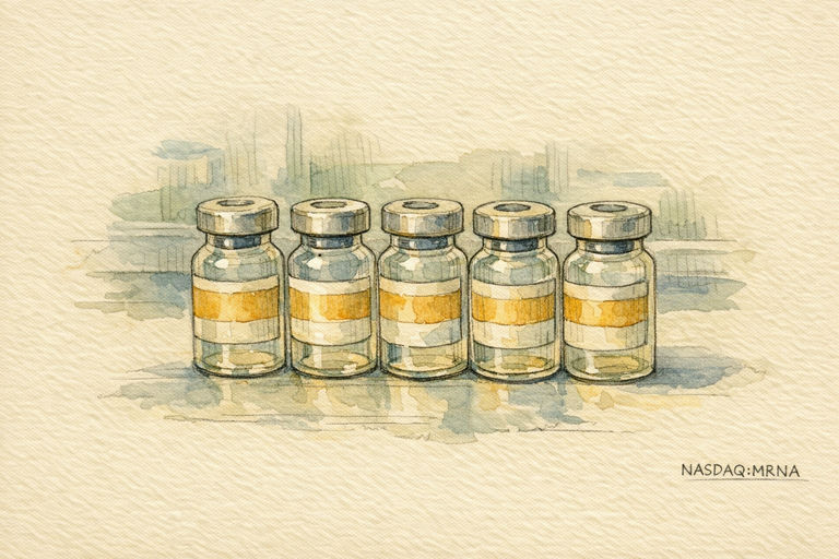 A row of small glass vaccine vials on a laboratory bench under soft light.