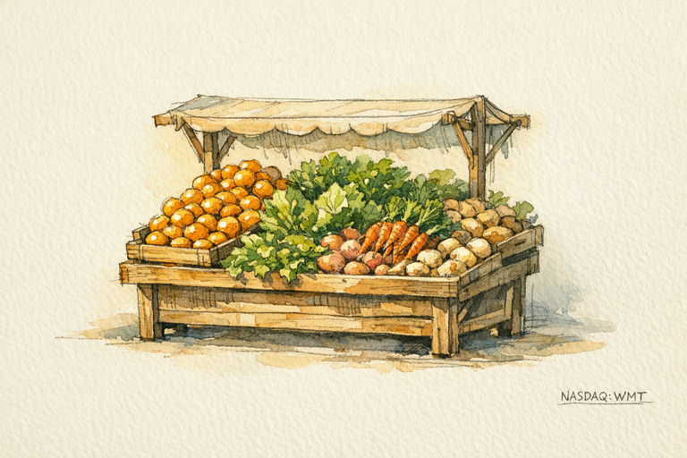 A wooden market stall overflowing with fresh produce — stacked oranges, leafy greens, and root vegetables — bathed in warm morning light