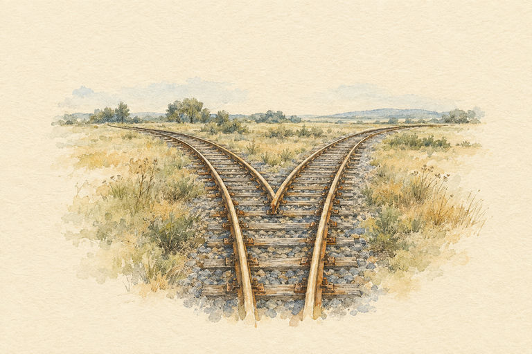 A pair of railway tracks that once ran side by side now diverge sharply in different directions across an open field.