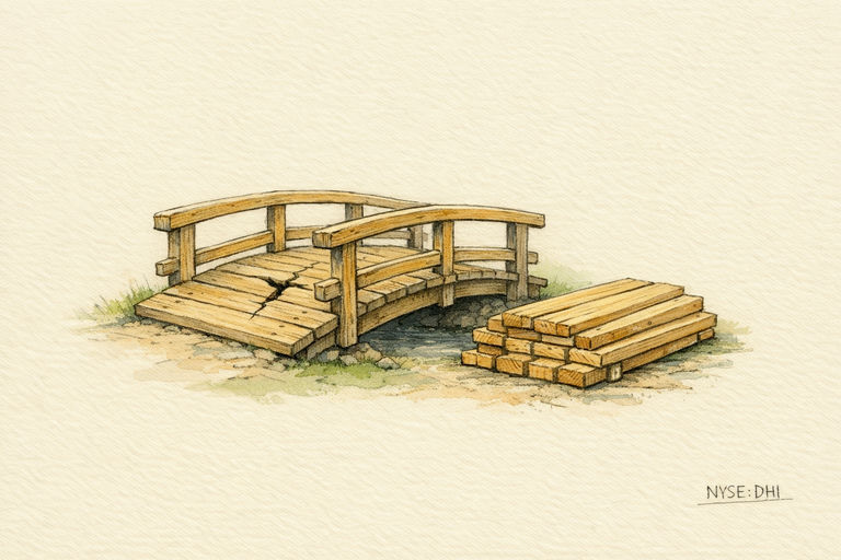 A sturdy wooden bridge with a visible crack forming in the middle, while fresh planks are stacked nearby, ready for repairs