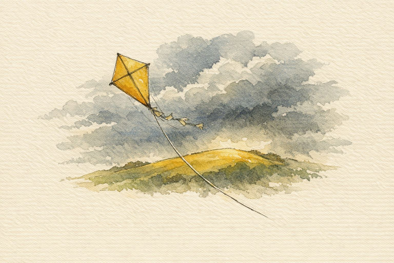 A kite tugging sharply at its string while storm clouds gather behind a sunlit hill