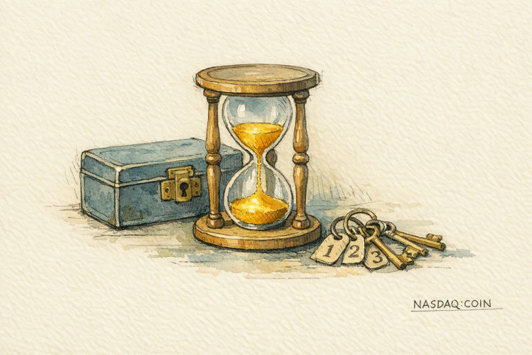 A five-minute hourglass with bright sand running, set on a desk beside a locked box and a stack of numbered keys