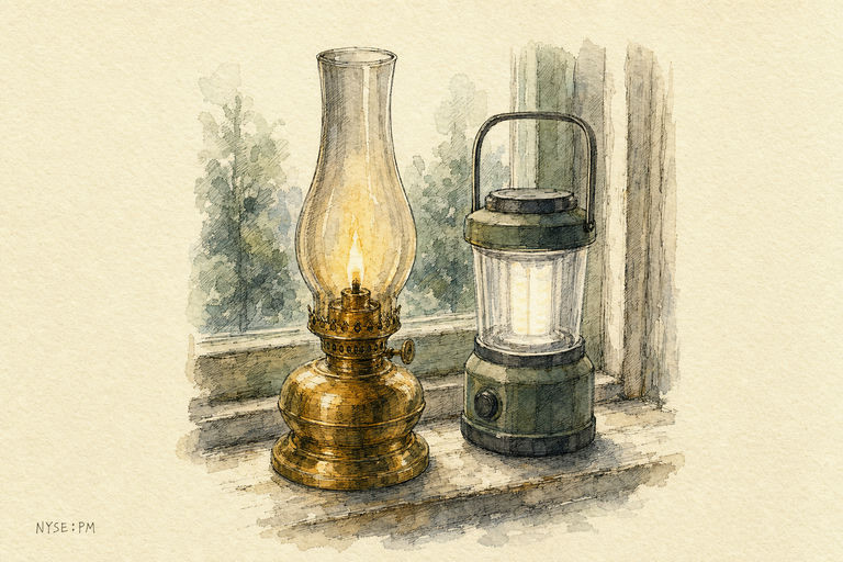An old brass oil lamp still burning brightly on a windowsill beside a new electric lantern
