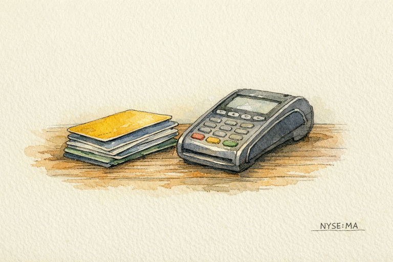 A stack of plastic payment cards resting on a wooden counter beside a card reader terminal.