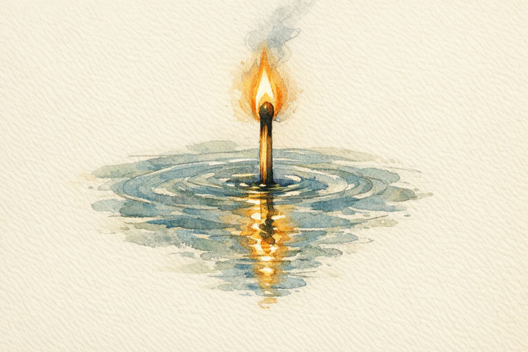 A single match burning brightly in a puddle, its reflection wavering in the water