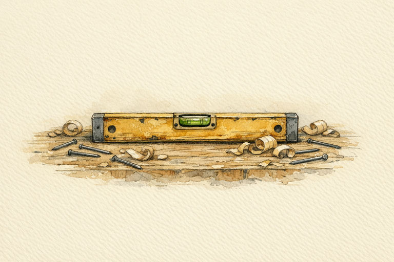A carpenter’s spirit level resting perfectly balanced on a rough wooden workbench, surrounded by scattered nails and shavings.